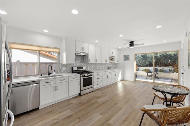 kitchen with white cabinetry, sink, ceiling fan, and appliances with stainless steel finishes