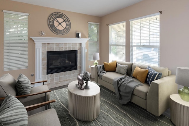 living room featuring a fireplace