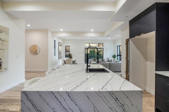 kitchen with a large island, light stone countertops, light hardwood / wood-style flooring, and sink