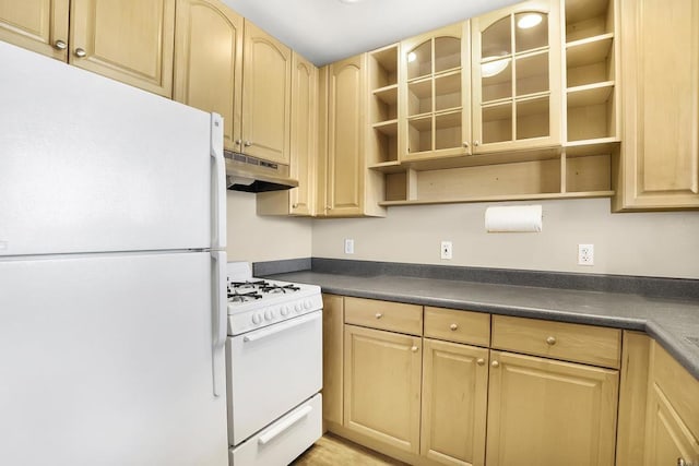 kitchen featuring light brown cabinets and white appliances