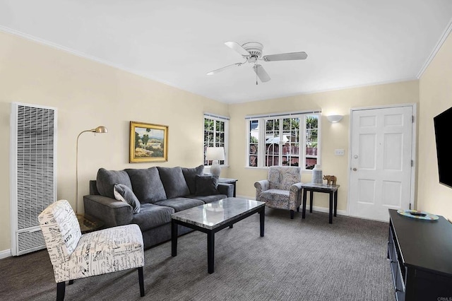 living room featuring ceiling fan and dark carpet