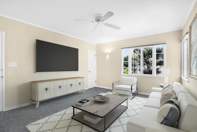 carpeted living room with ceiling fan