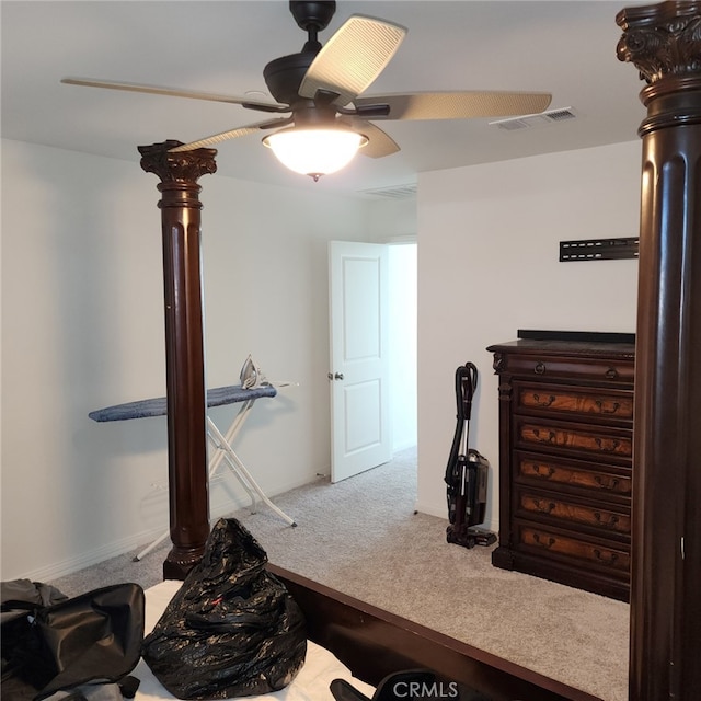 bedroom with ceiling fan and carpet