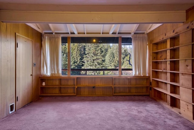 carpeted spare room featuring built in features and wooden walls