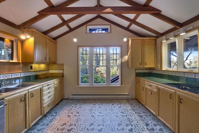 kitchen featuring high vaulted ceiling, a baseboard heating unit, backsplash, and sink