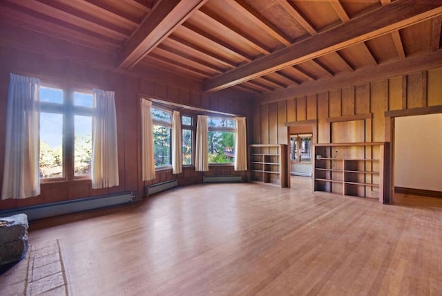 unfurnished living room featuring a baseboard heating unit, wooden walls, hardwood / wood-style flooring, wooden ceiling, and beam ceiling