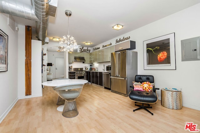 kitchen with electric panel, stainless steel appliances, green cabinetry, and light wood-type flooring