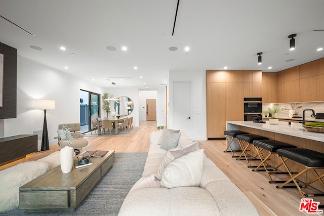 living room with light hardwood / wood-style flooring