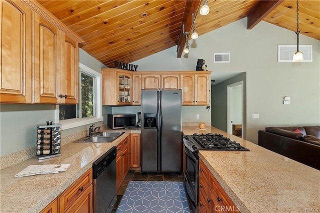 kitchen featuring pendant lighting, appliances with stainless steel finishes, wood ceiling, vaulted ceiling with beams, and sink