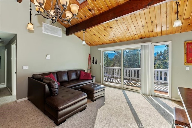 carpeted living room featuring lofted ceiling with beams, an inviting chandelier, and wooden ceiling