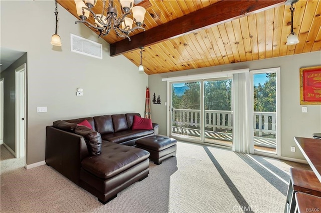 carpeted living room featuring an inviting chandelier, lofted ceiling with beams, and wooden ceiling