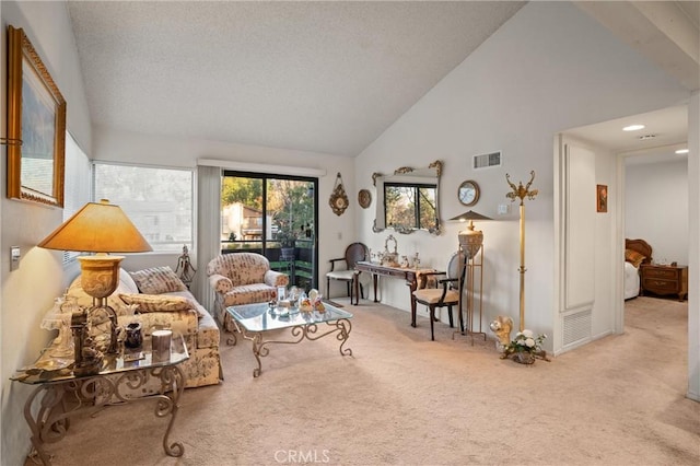 living room featuring light carpet and high vaulted ceiling