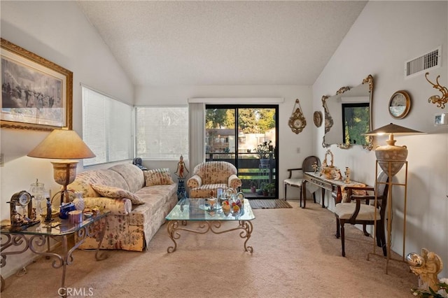 living room featuring carpet and vaulted ceiling