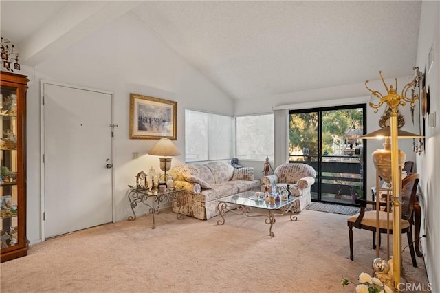 living room with high vaulted ceiling and carpet floors