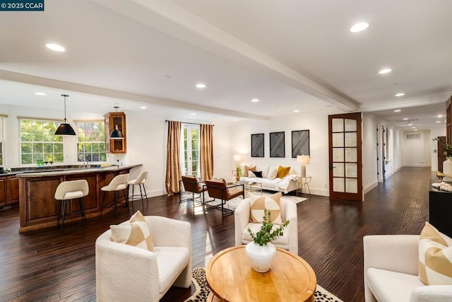 living room featuring french doors, dark hardwood / wood-style flooring, plenty of natural light, and beamed ceiling