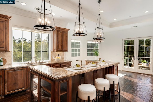 kitchen featuring backsplash, dark wood-type flooring, french doors, ornamental molding, and sink