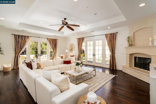 living room featuring french doors and a tray ceiling