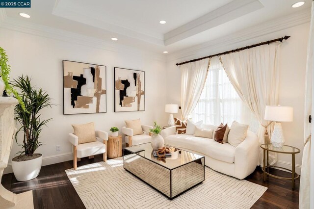 living room featuring a raised ceiling, dark hardwood / wood-style flooring, and ornamental molding