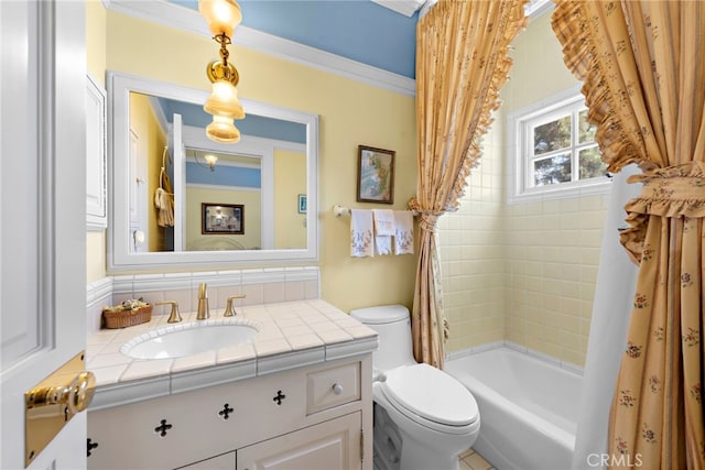 full bathroom with toilet, shower / bath combo, backsplash, crown molding, and vanity