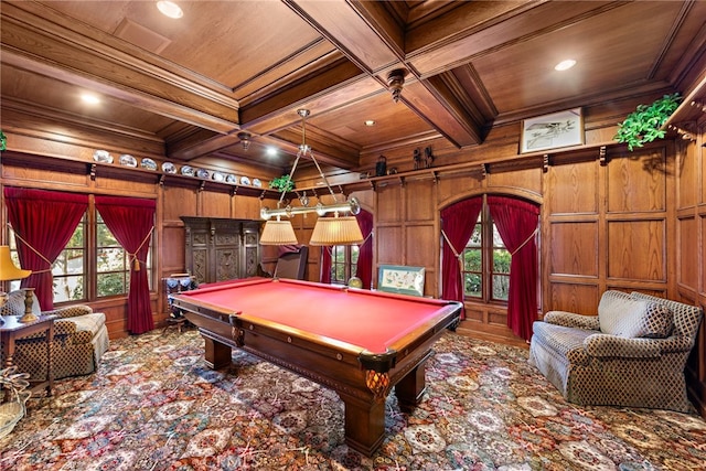 playroom with billiards, wood ceiling, wooden walls, and ornamental molding