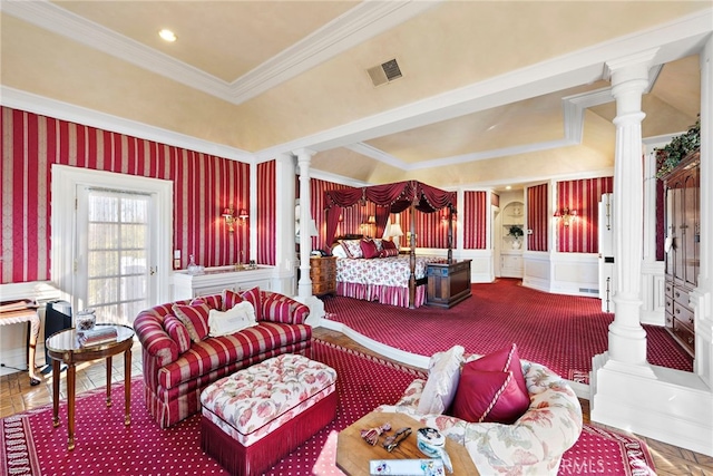 living room with ornate columns and crown molding