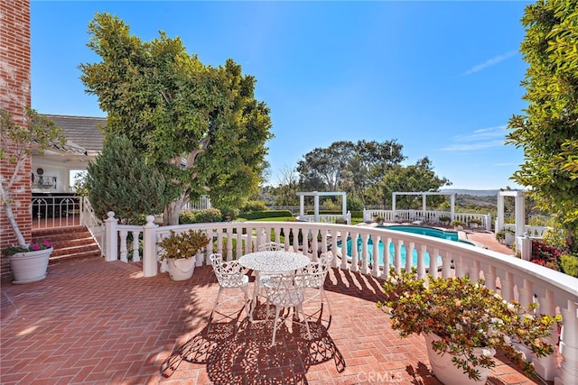 view of patio featuring a pergola and a fenced in pool