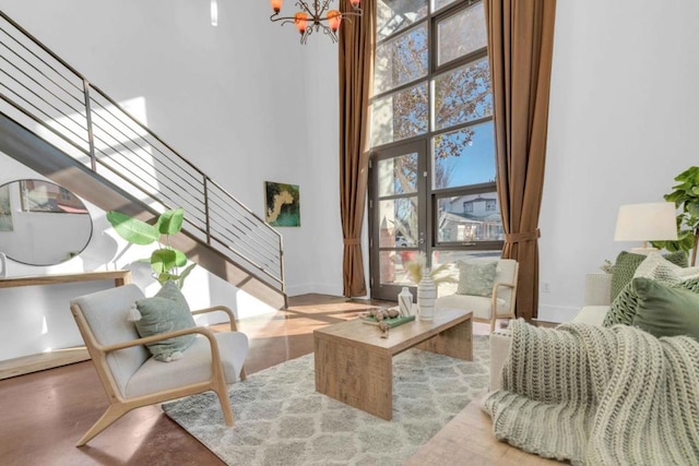 living room featuring a chandelier