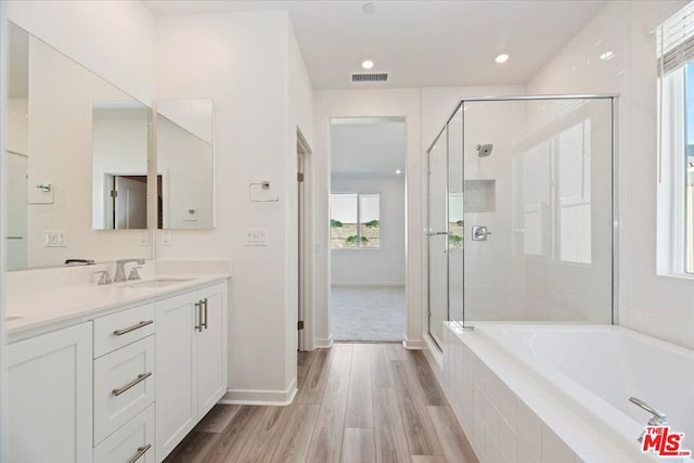 bathroom featuring vanity, wood-type flooring, and plus walk in shower