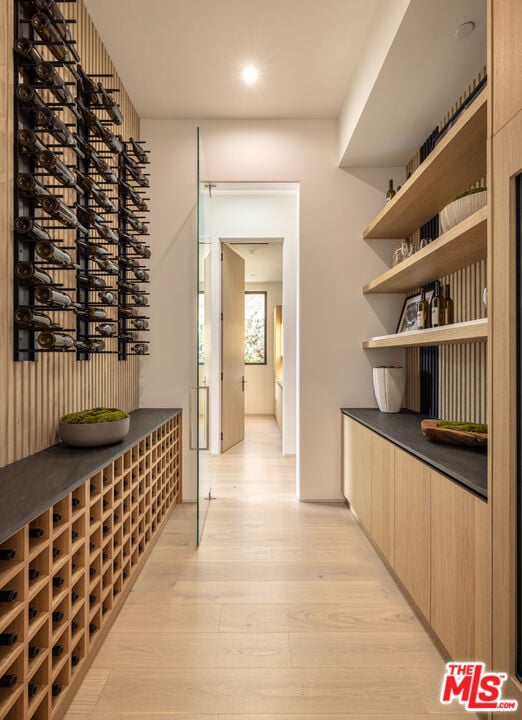 wine area with light wood-type flooring