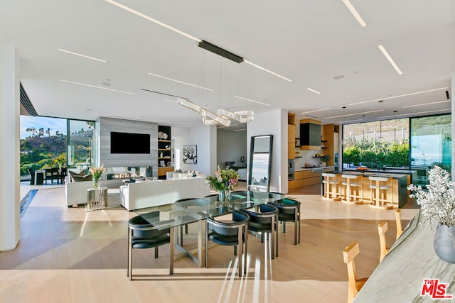 dining room featuring light wood-type flooring and a wall of windows