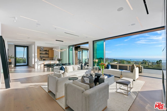 living room featuring a wall of windows and light hardwood / wood-style flooring