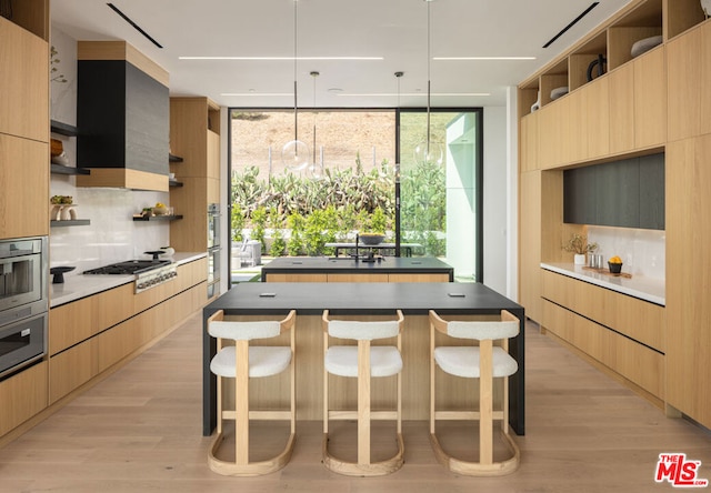 kitchen featuring stainless steel appliances, tasteful backsplash, pendant lighting, light hardwood / wood-style flooring, and expansive windows