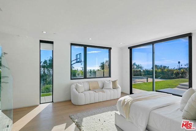 bedroom with a wall of windows and light hardwood / wood-style flooring