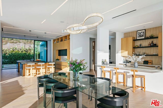 dining space with light hardwood / wood-style flooring, a chandelier, and expansive windows