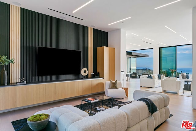 living room with a wall of windows and light hardwood / wood-style floors