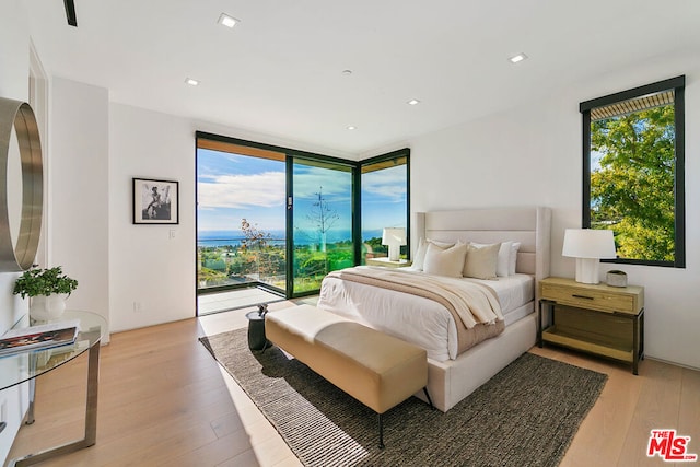 bedroom featuring multiple windows, expansive windows, access to outside, and light wood-type flooring