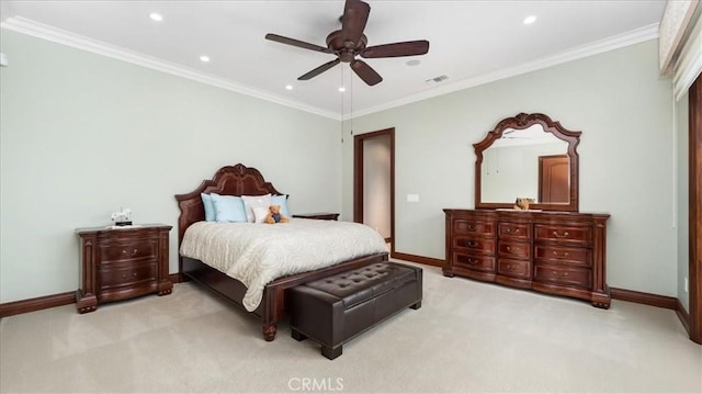 carpeted bedroom with crown molding and ceiling fan