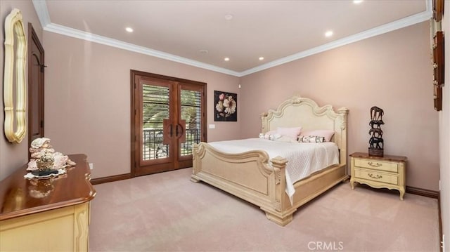 carpeted bedroom with access to exterior, crown molding, and french doors