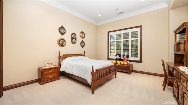 bedroom with crown molding and light carpet