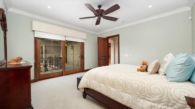 bedroom featuring ornamental molding, light colored carpet, access to exterior, and ceiling fan