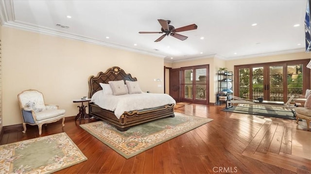 bedroom featuring ceiling fan, ornamental molding, dark hardwood / wood-style floors, and access to outside