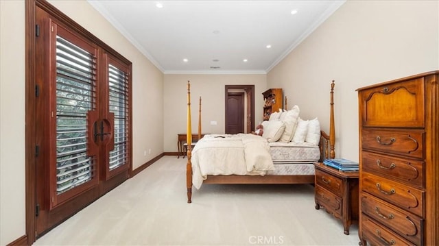 bedroom with crown molding and light colored carpet