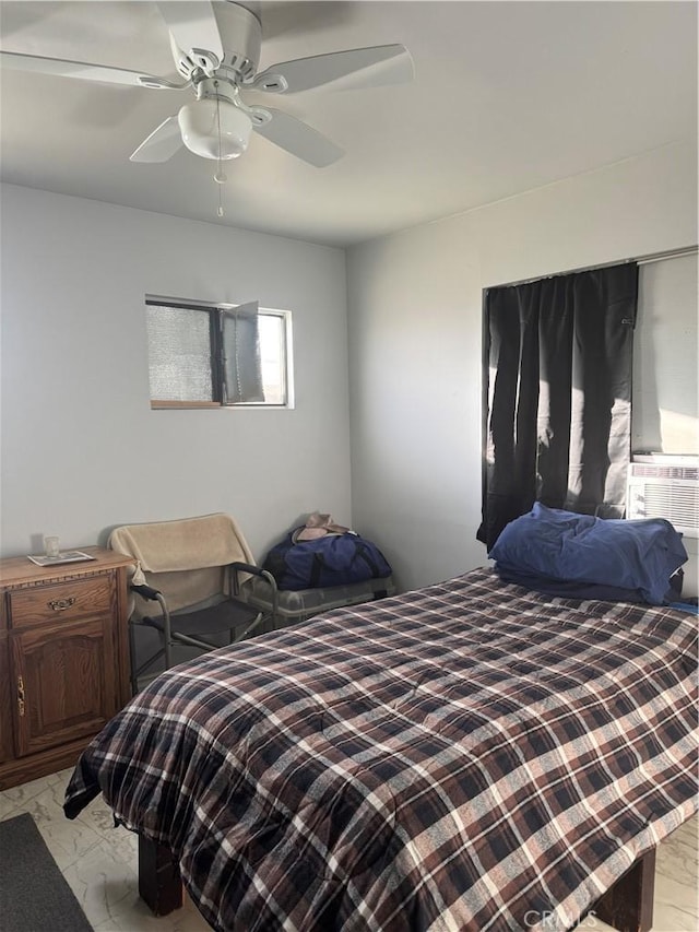 bedroom with ceiling fan and cooling unit