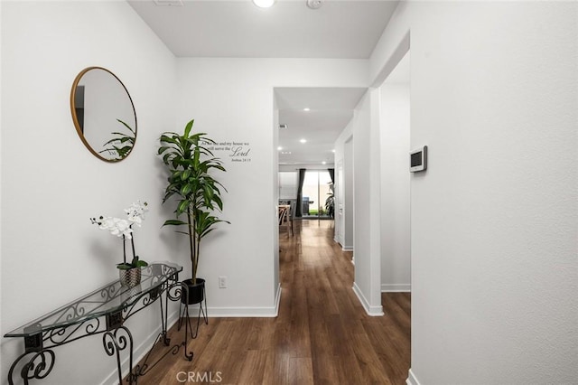 5097 Larkspur Rd, Banning, CA 92220 - hall with wood finished floors, baseboards, and recessed lighting