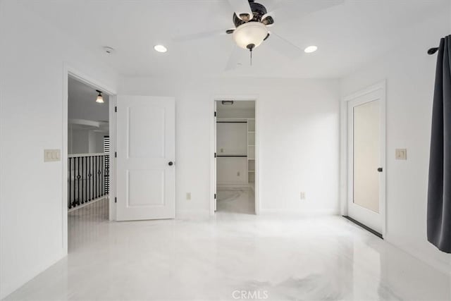 unfurnished bedroom with recessed lighting, ceiling fan, and baseboards