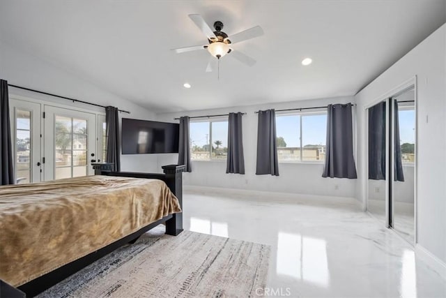 bedroom featuring ceiling fan and access to exterior