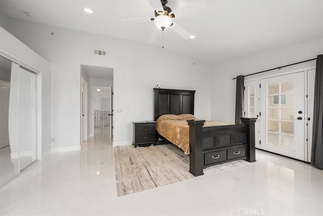 bedroom with ceiling fan and a closet