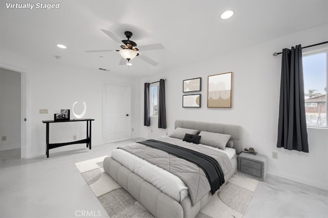 bedroom featuring baseboards, a ceiling fan, visible vents, and recessed lighting