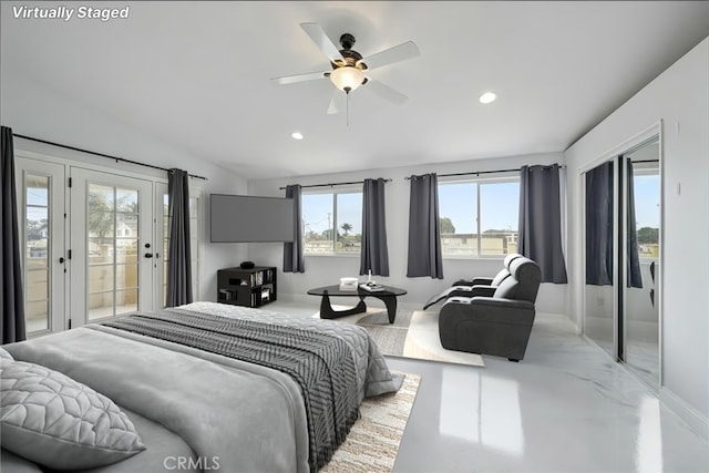 bedroom with access to outside, ceiling fan, lofted ceiling, and recessed lighting