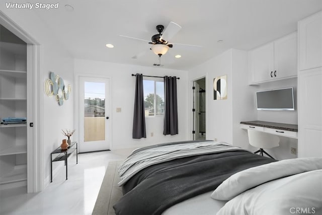 bedroom with ceiling fan, baseboards, and recessed lighting